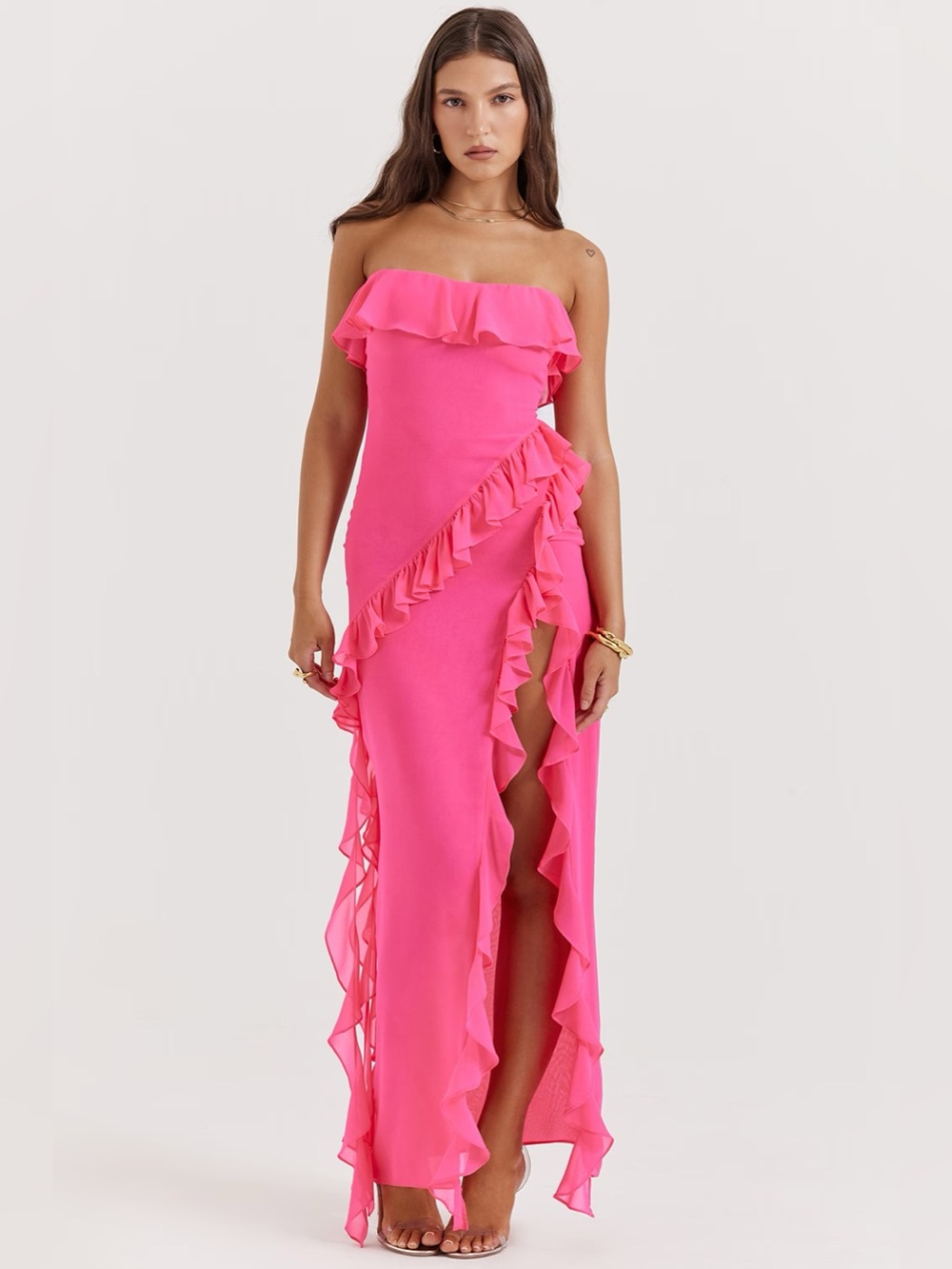 House of CB || Sarina Ruffle Maxi Dress Gown with‎ Slit Fuchsia Hot Pink Small